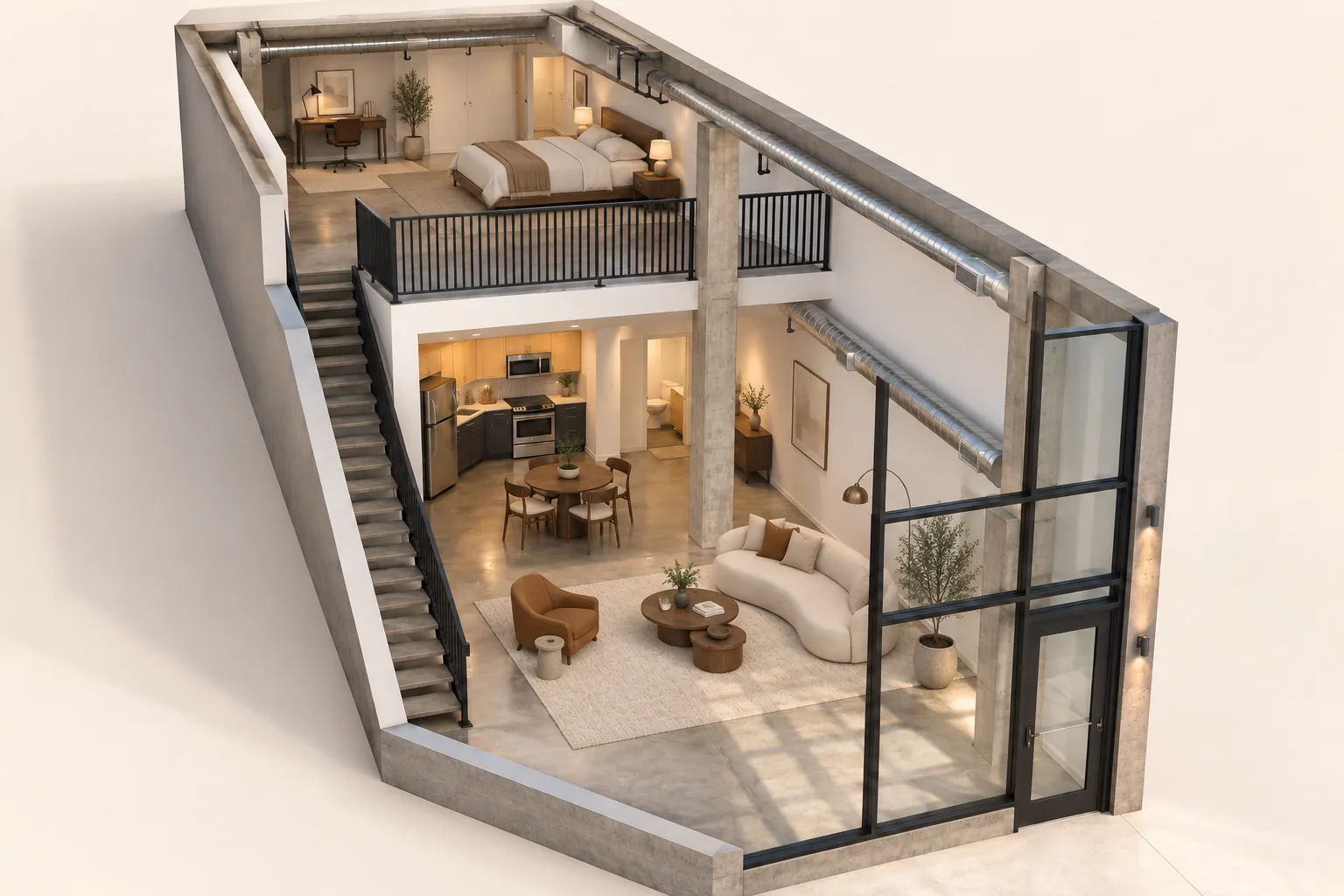 El mismo loft con una propuesta industrial cálida, sala, comedor y dormitorio